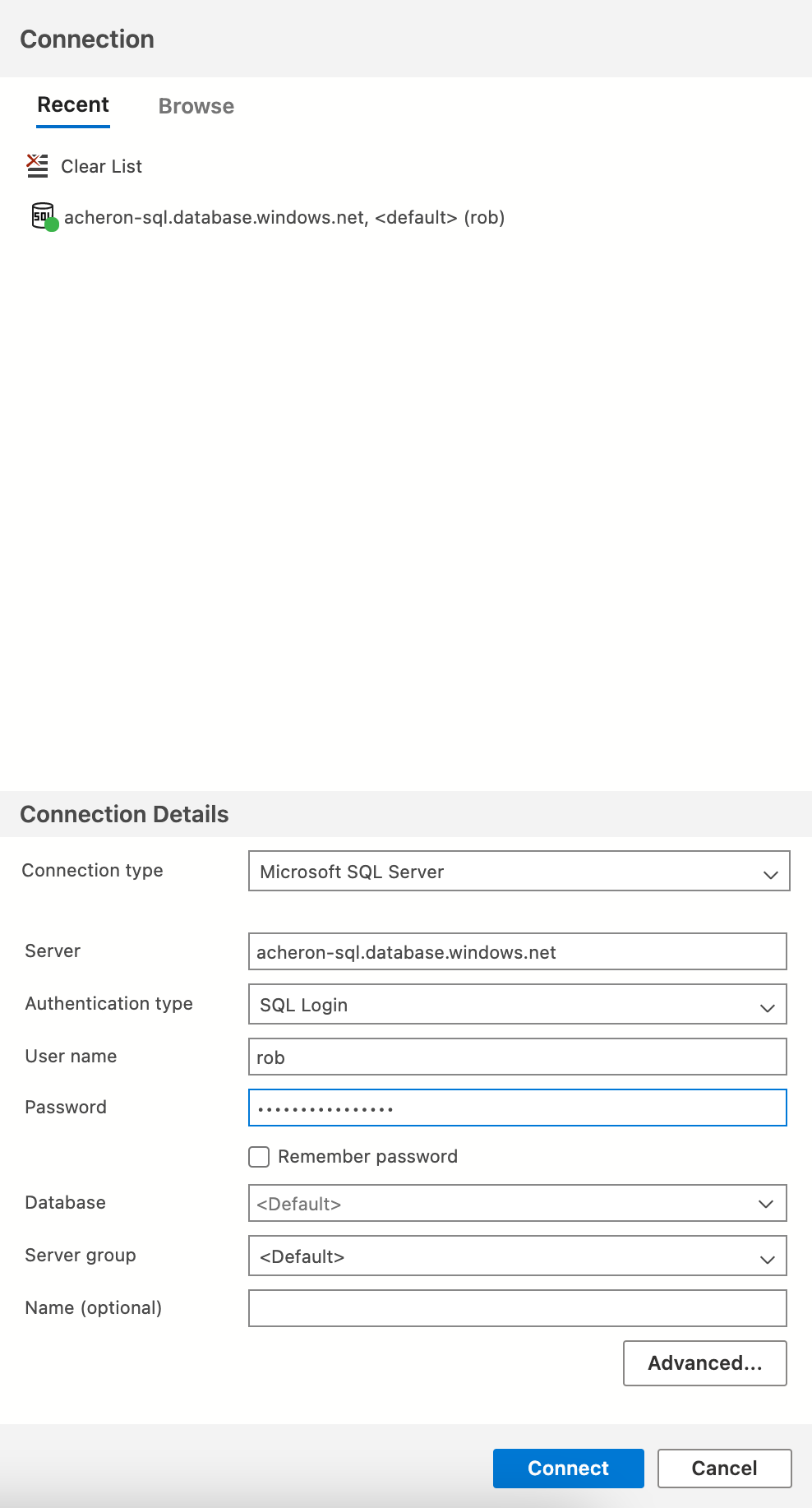 Connect to SQL server