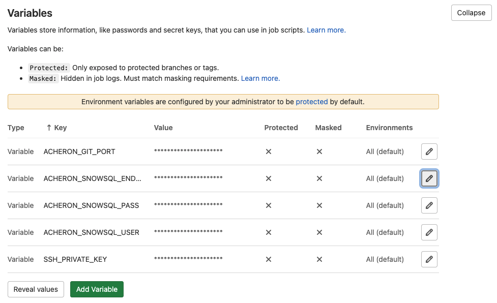 Example screen Gitlab variables